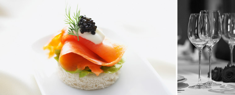 Utopia dinning salmon caviar appetizer and wine
